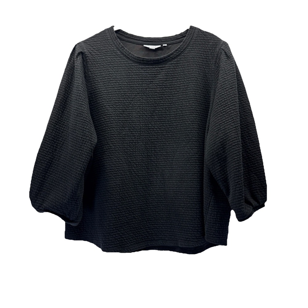 Chicos Women's Top Size XXL Solid Black Textured Stretch Soft 3/4 Puffy Sleeves
